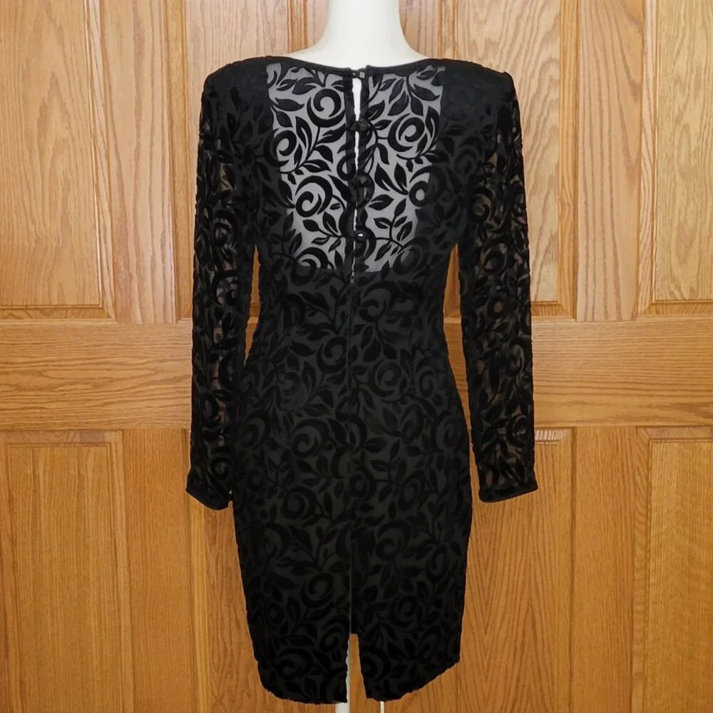 Vintage 90s Black Velvet Burnout Floral Cocktail Dress | Long Sleeve Sheer Y2K